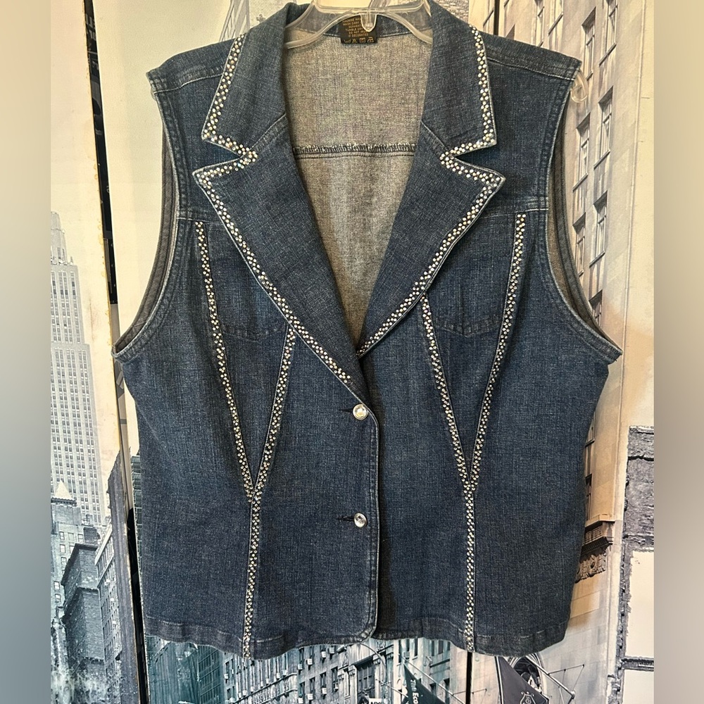 Katina Marie - Denim Vest Jacket with Embroidered Trim - Women's Blue